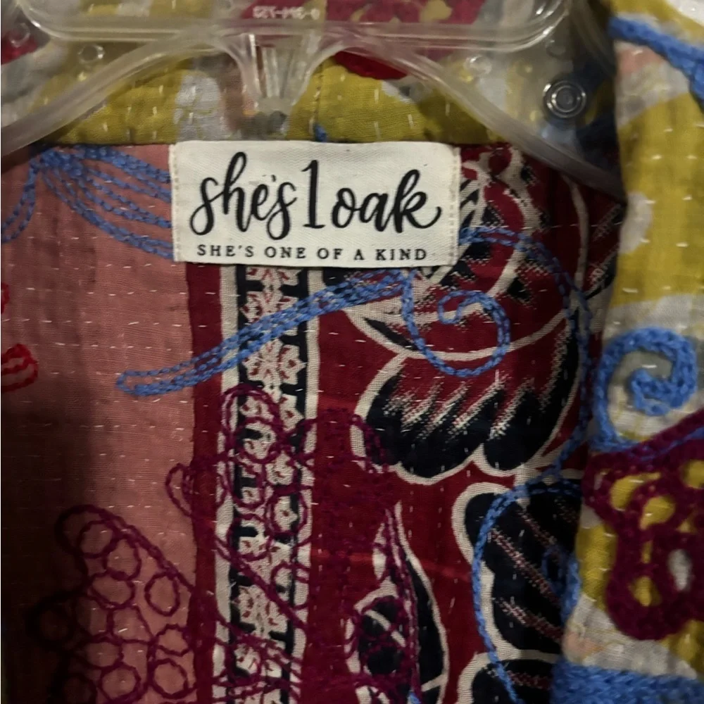 Embroidered Floral Open-Front Jacket in Yellow and Red - Picture 5 of 5
